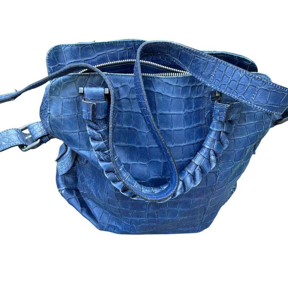 Falor Tote Bag Large Blue Croc Embossed Leather Braided Handles Made in Italy